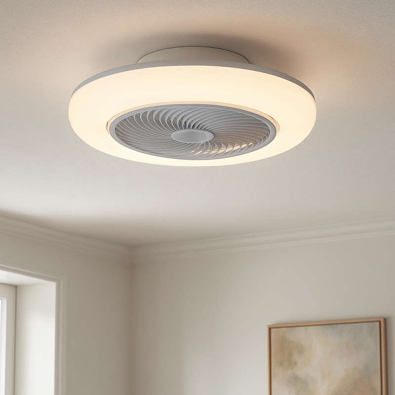 Ventilador de teto moderno cinza, Gonda, 40W, LED 3000K, com controle remoto.