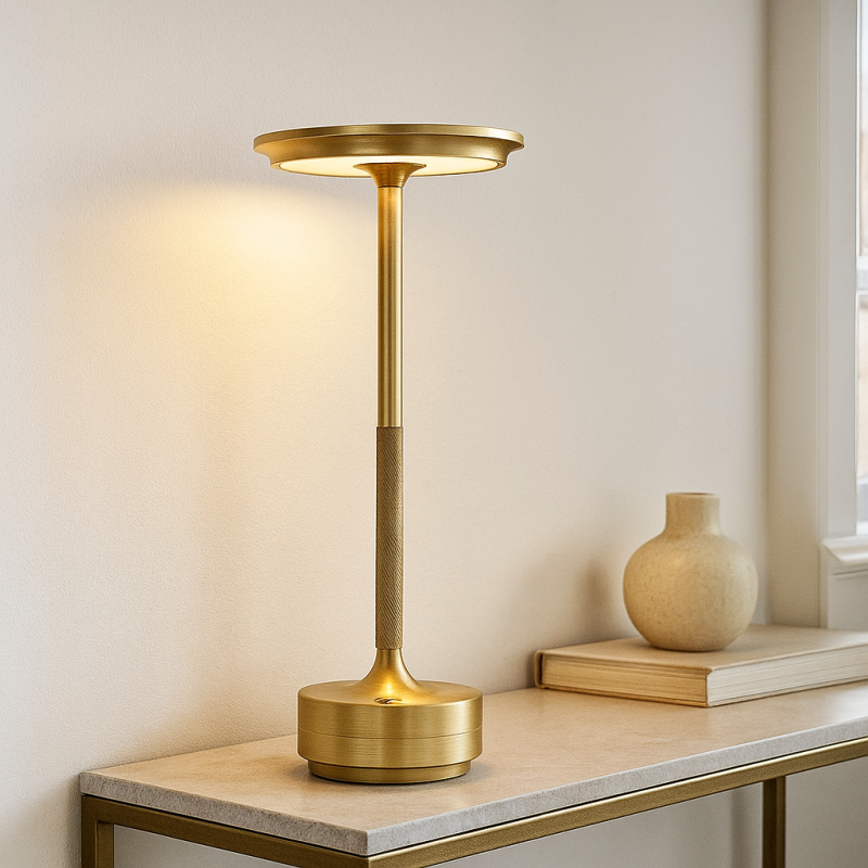 Candeeiro de mesa recarregável dourado moderno, Arvind, 3W, LED ajustável de branco quente a branco frio, com interruptor Candeeiro de mesa recarregável dourado moderno, Arvind, 3W, LED ajustável de branco quente a branco frio, com interruptor