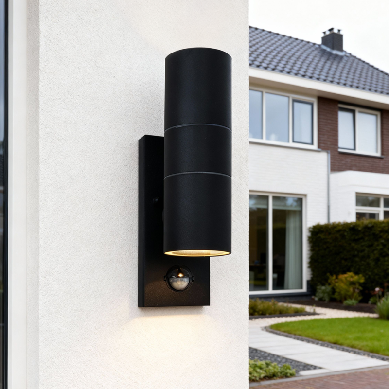 Candeeiro de parede exterior com sensor de movimento preto moderno, Pedro, IP44