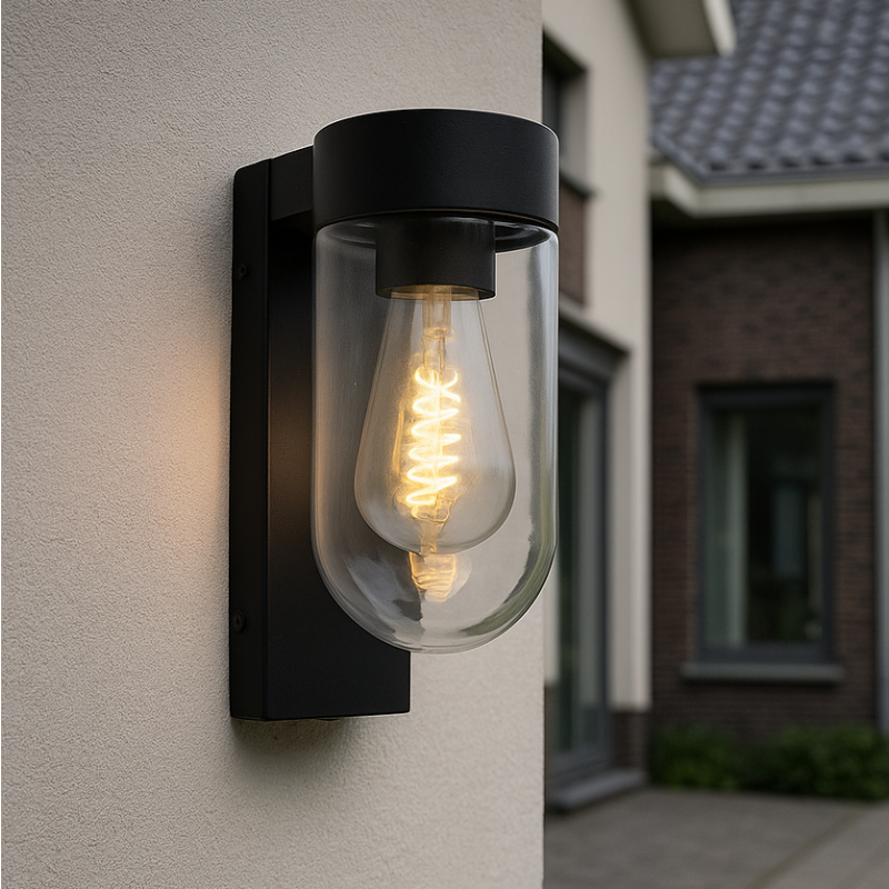 Candeeiro de parede exterior com sensor crepuscular preto de alumínio, Bella, IP44