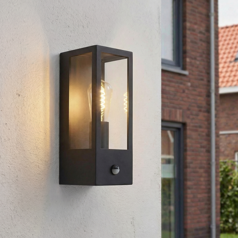 Candeeiro de parede exterior com sensor de movimento preto moderno, Senne, IP44