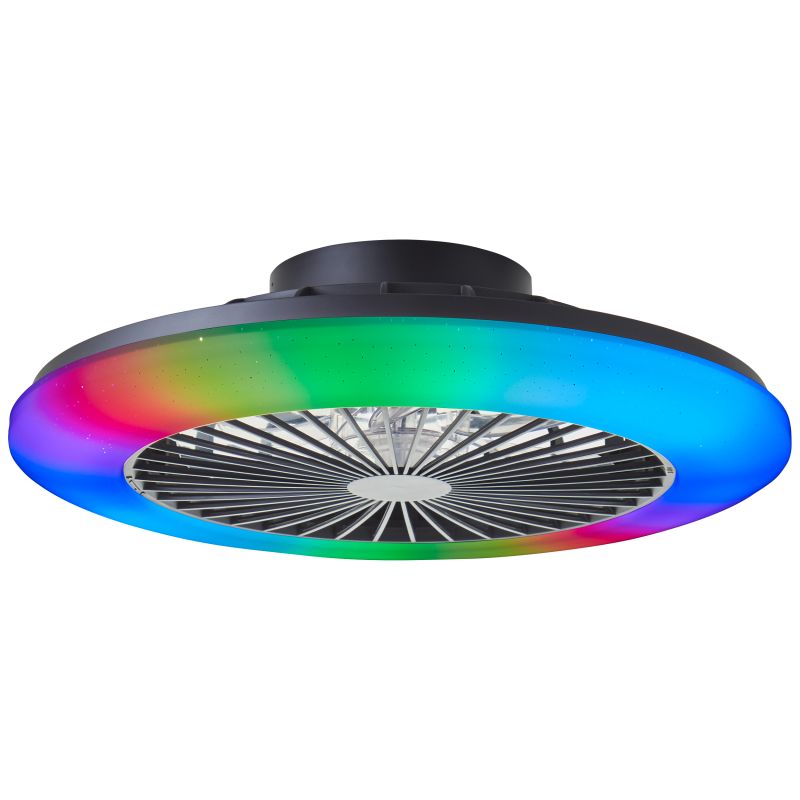 Ventilador de teto moderno preto, Sofieke, 40W, LED RGBW, com controle remoto.
