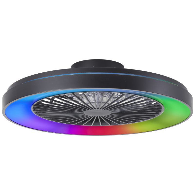 Ventilador de teto moderno preto, Yasir, 48W, LED RGBW, com controle remoto.