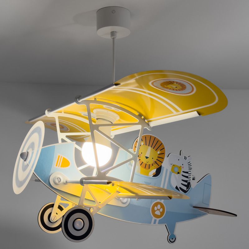 Candeeiro suspenso quarto infantil de plástico azul, Lion plane Candeeiro suspenso quarto infantil de plástico azul, Lion plane