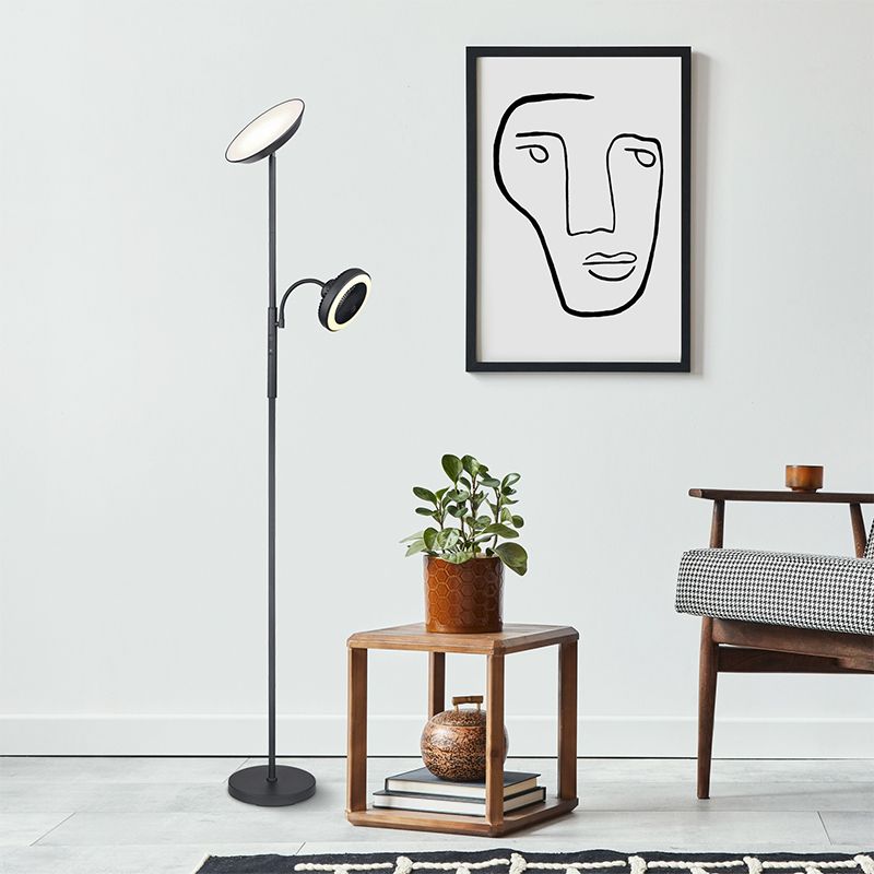 Candeeiro de pé preto de metal, Raimond, 20W, LED ajustável de branco quente a branco frio, com dimmer tátil