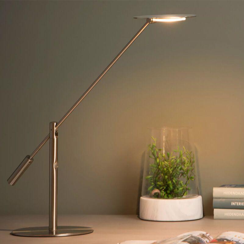 Candeeiro de secretaria moderno cromo, Anselmo, 9W, LED 3000K, com dimmer tátil Candeeiro de secretaria moderno cromo, Anselmo, 9W, LED 3000K, com dimmer tátil