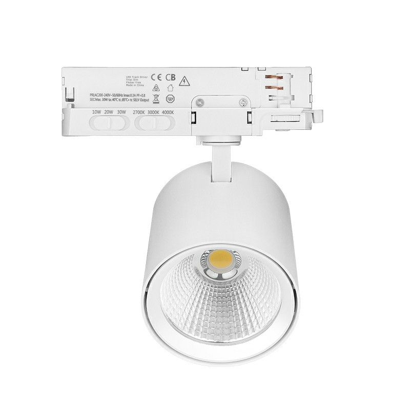 Refletor trifásico branco para trilho, em alumínio, Jeska, 10W/20W/30W, com interruptor LED branco.