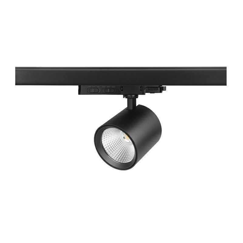 Refletor trifásico preto para trilho, em alumínio, Jeska, 10W/20W/30W, com interruptor branco.
