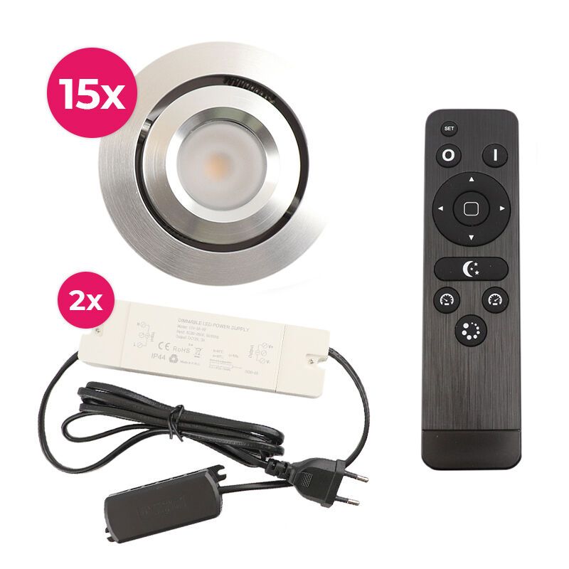 Foco de encastrar de veranda de alumínio cromo, Rona, 3W, LED 2700K, IP44, com comando à distância Foco de encastrar de veranda de alumínio cromo, Rona, 3W, LED 2700K, IP44, com comando à distância