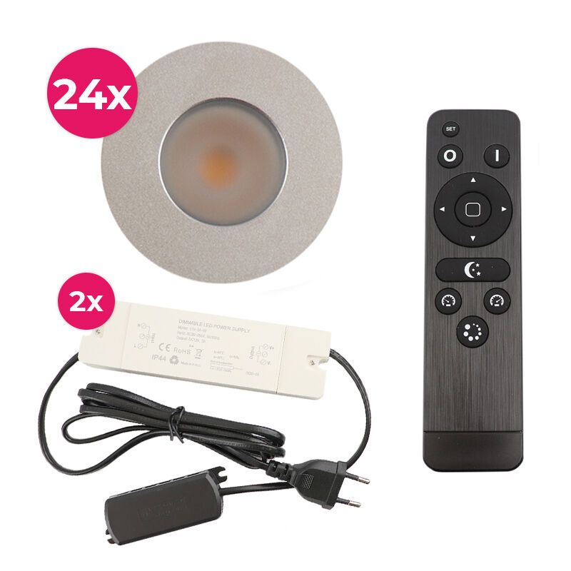Foco de encastrar de veranda de alumínio cromo, Dico, 3W, LED 2700K, IP65, com comando à distância Foco de encastrar de veranda de alumínio cromo, Dico, 3W, LED 2700K, IP65, com comando à distância