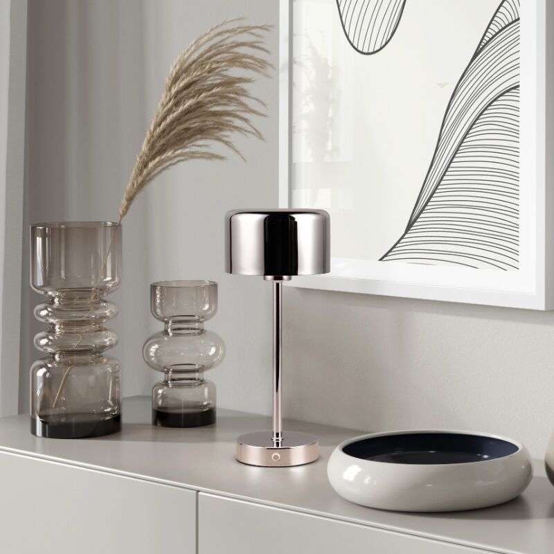 Candeeiro de mesa recarregável moderno cromo, Dustin, 1W, LED 3000K, com dimmer tátil Candeeiro de mesa recarregável moderno cromo, Dustin, 1W, LED 3000K, com dimmer tátil
