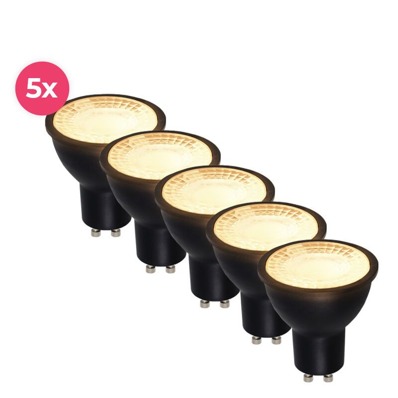 Kit com 5 spots LED GU10 pretos dimerizáveis ​​Antonie, 5 watts, 2700K (branco quente)