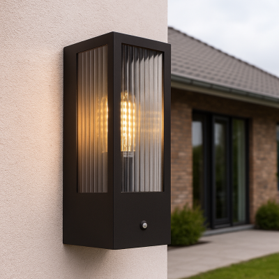 Candeeiro de parede exterior com sensor crepuscular preto moderno, Senne, IP44