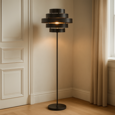 Candeeiro de pé preto rústico, Jana, com interruptor