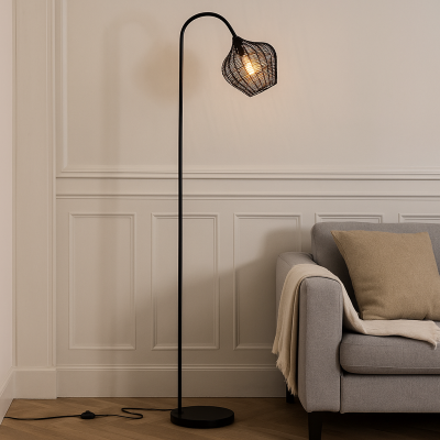 Candeeiro de pé preto industrial, Pepita, com interruptor