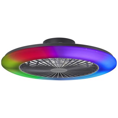 Ventilador de teto moderno preto, Sofieke, 48W, LED RGBW, com controle remoto.