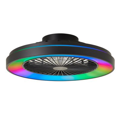 Ventilador de teto moderno preto, Yasir, 40W, LED RGBW, com controle remoto.