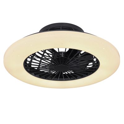 Ventilador de teto moderno preto, em plástico, modelo Joni, 40W, LED branco ajustável de quente a frio, com controle remoto.