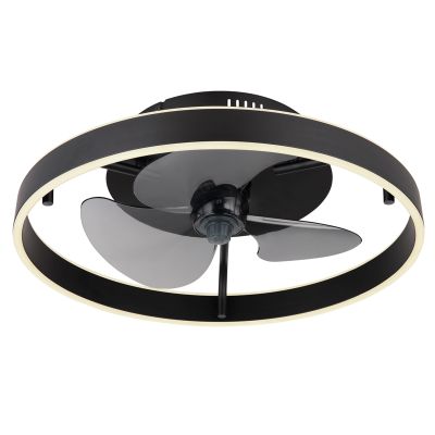 Ventilador de teto moderno preto em plástico, Joos, 40W, LED branco ajustável de quente a frio, com controle remoto.