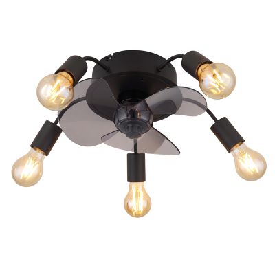 Ventilador de teto moderno preto em metal, modelo Kiet, com controle remoto.
