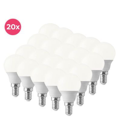 Pacote com 20 lâmpadas LED esféricas Lasco E14, branco quente, 5,5 W