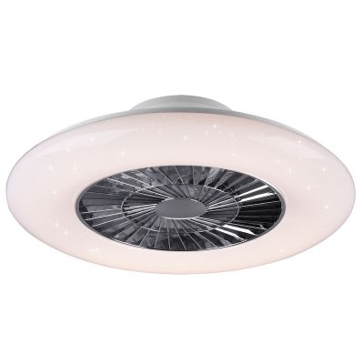 Ventilador de teto cromado moderno, Damia, 40W, LED branco ajustável de quente a frio, com controle remoto.